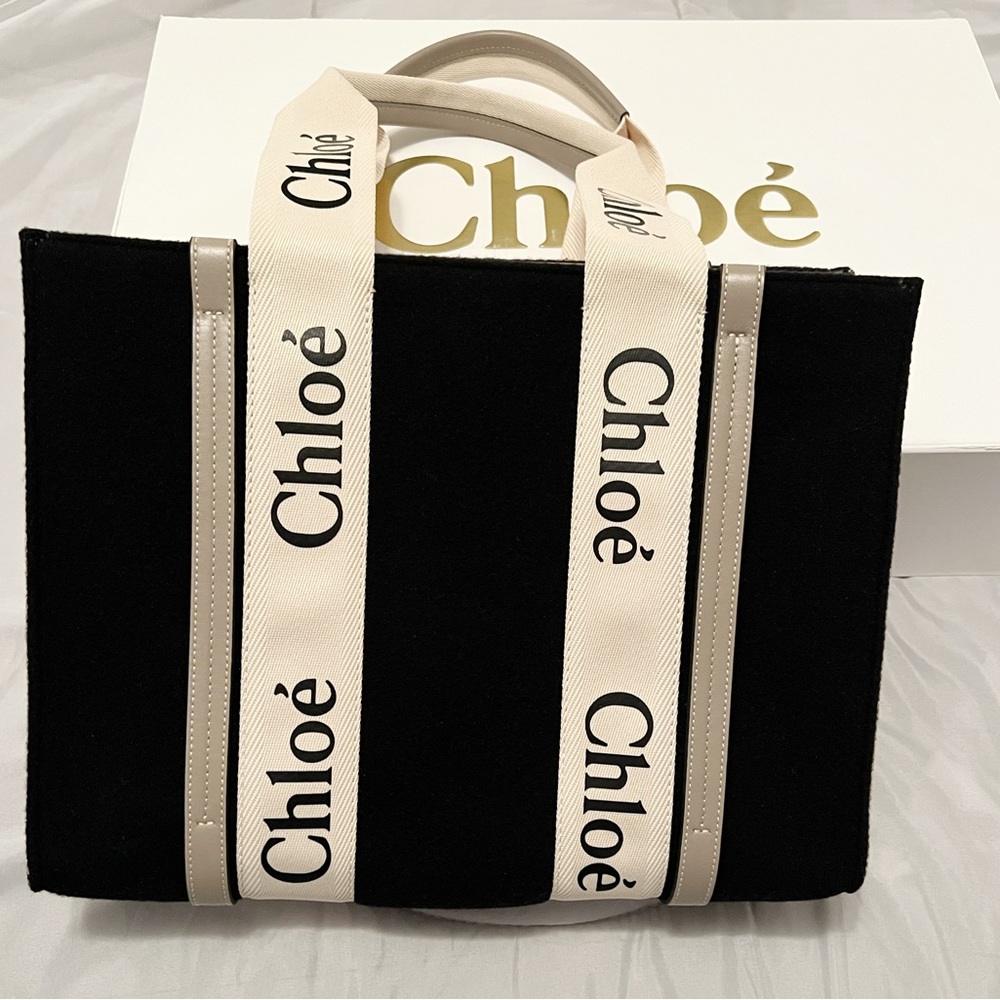 Chloe Felt Calfskin Medium Woody Ribbon Tote Navy/Black